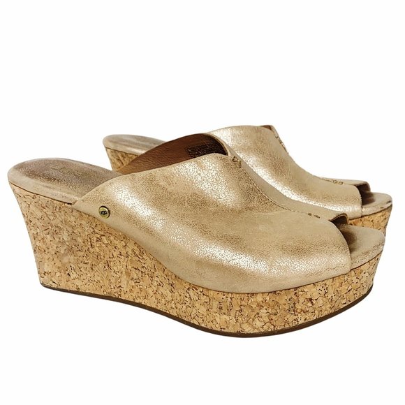 UGG Metallic Gold Cork Wedge Sandals Heel Peep Toe Women's Size 6 - Picture 4 of 11